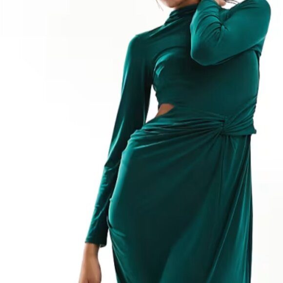 ASOS DESIGN asymmetric ruched knot maxi pencil dress in bottle green - Picture 3 of 3